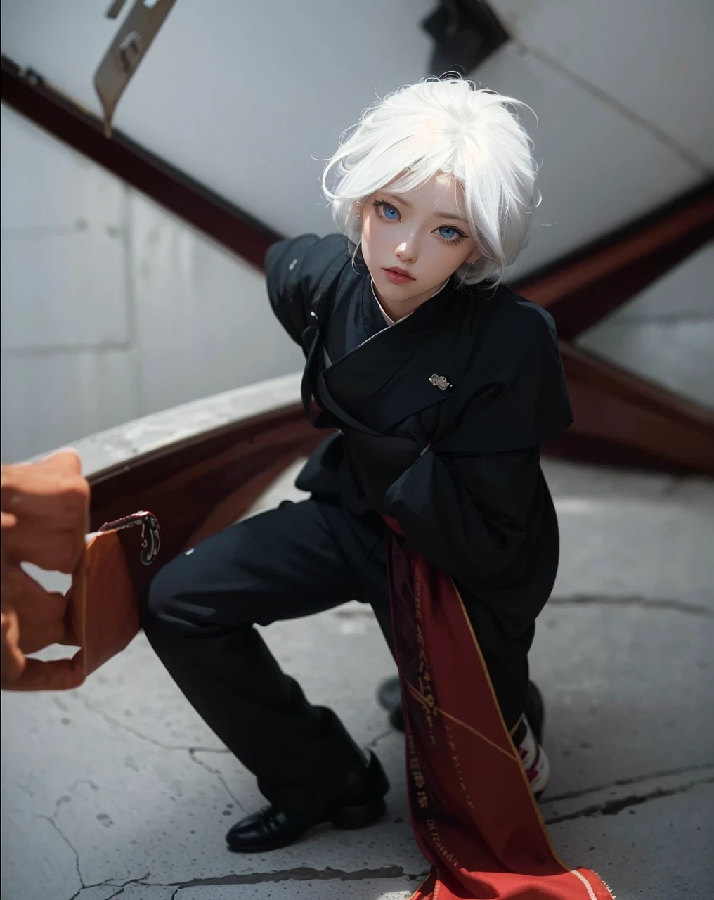 ( GOJO SATURO_JUJUTSU NO KAISEN),((realistic, photorealistic)),(highlight hair)), Light reflection, (( HD )),((upper body)), (((best quality, masterpiece))), (masterpiece) (best quality) (detail) (8k) (HDR) (wallpaper) (cinematic lighting) (sharp focuasterpiece, best quality: 1.1), Real life adaption of this character, realistic outfit, realistic shadow, realistic light, realism, hyper realistic, realistic background,realistic hair,(photorealistic:1.2), (masterpiece: 1.2), (best quality: 1.3), (clear details: 1.3), ((((ultra-detailed)))), ((detailed eyes)), (extremely detailed face:1.4), (highly detailed eyelash:1.6), Ada_re4, (sitting),(beautiful face:1.5), (Masterpiece, Top Quality: 1.2), (((satoru gojo, white hair, blue eyes, white eyelashes, white skin))), 1boy, simple background, smileIncrs404,english text,Written On Clothes,1male,portrait,satoru gojo,white hair,short hair,hair between eyes,blue eyes,colored eyelashses,(thumbs_up:1.4),(cowboy_shot:1.3),Shibuya station background,Stabbing the body 