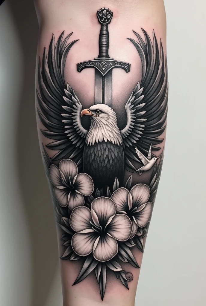 Hi, I want you to generate an image of a tattoo I want to get. I want the tattoo on my forearm, so it has to be a little small or fit in the space on my forearm. I want it to contain an eagle, olive branches, a sword, a hummingbird, a hibiscus flower and lilies (it's important that it has all the elements) and I would like the style of the tattoo to be in black and grey and realistic