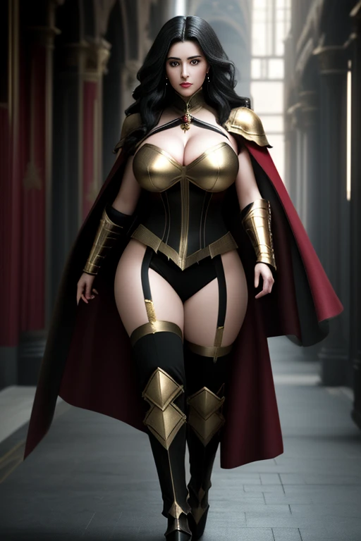 Unreal Engine 5 Realistic Rendering, Excellent, black hair, golden eyes, red group, full armor, royal cape, milf, looking on viewer, Donghua character, cosplayer, walking down hallway of Holy palace, beautiful face, makeup, top body is hyper realistic thicc muscular and hyper largest_breasts!!, lower is huge buttocks, hair, red theme, bokeh, masterpiece, highres, 1080P, UHD