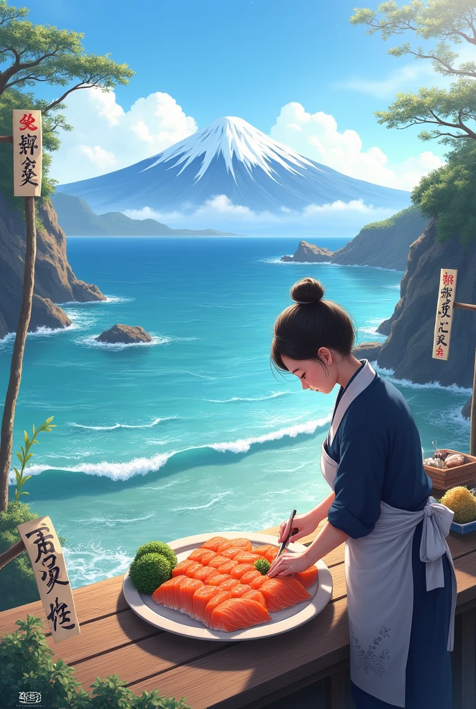 The sea is beside the snowy mountains. Salmon is in the middle. Someone is making sashimi. There is Japanese language.