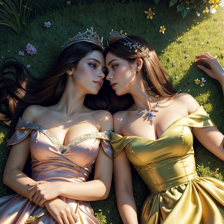 (masterpiece, best quality:1.5), highest quality, High resolution, super detailed, Realists, Upper body of the brunette princess, detailed and beautiful eyes, beautiful detailed lips, very detailed eyes and face, longeyelashes, Princess in a short dress made of shiny satin fabric, Beautiful and colorful makeup, elegant and noble々Pose,shiny crown and jewels, Royal gardens as background, soft daylight, bright colors, fine brushstrokes, Portrait style, Simple details in the dress fabric, beautiful color palette, glowing skin, First-class rendering, that captures every detail, enchanting atmosphere, subtle shadows and lights, (perfect anatomy:1.2), (Two stunning princesses lying in the grass are deeply in love:1.4), (kiss:1.2)