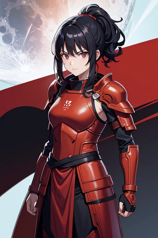 Anime Art、Full body portrait、Red soldier of space science fiction、The location is the surface of the moon、A female warrior in red armor, about 160cm tall and about 32 years old, running with a Japanese sword in her hand、A tense expression of glaring at someone with clenched teeth、Short ponytail for curly hair、Black Hair、A red cloth is wrapped around the head、Shoulder Armor、Arm guard、Leggers、Flat chest、Dark Eyes