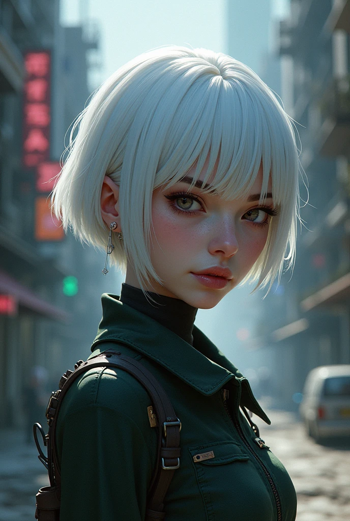 A girl with short white hair, white-skinned and from the land of Zaun *character inspired by Netflix's Arcane with the same animation style*