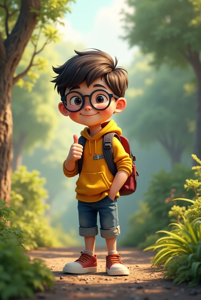 A boy wearing glasses with a backpack realstic with thumbs up smiling
Make it more realstic and Hd