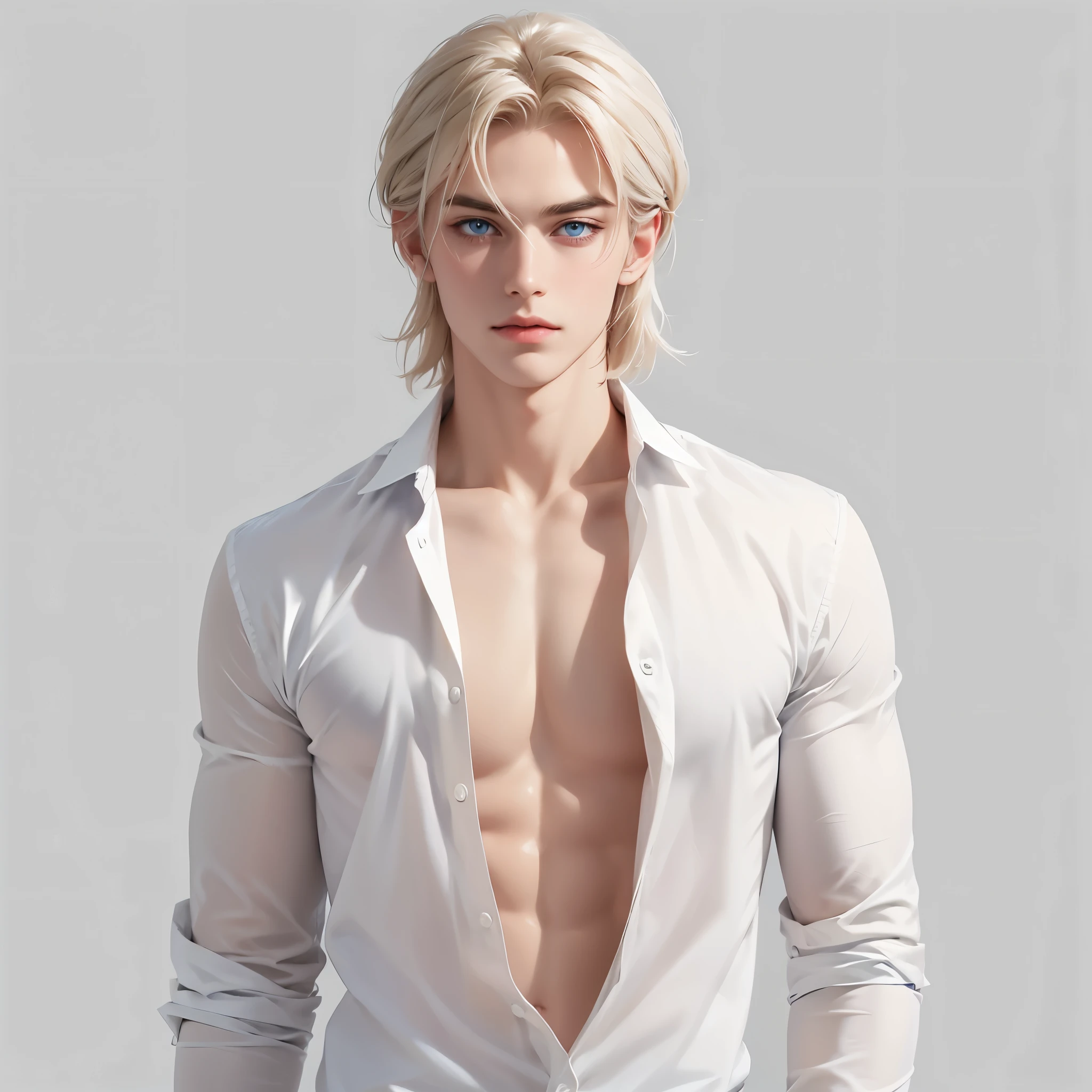 (Short white shoulder-length hair:1.3) , blue eyes, male, black background, High Detail,Slicked-back hairstyle,No bangs