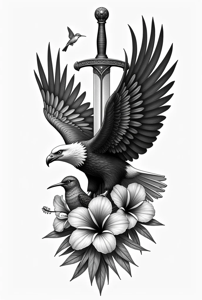 Hi, I want you to generate an image of a tattoo I want to get. I want the tattoo on my forearm, so it has to be a little small or fit in the space on my forearm. I want it to contain an eagle, olive branches, a sword, a hummingbird, a hibiscus flower and lilies (it's important that it has all the elements) and I would like the style of the tattoo to be in black and grey and realistic