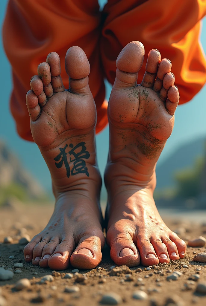 Goku showing the soles of his bare feet  