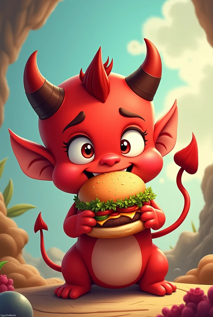 Cute animated devil eating a hamburger