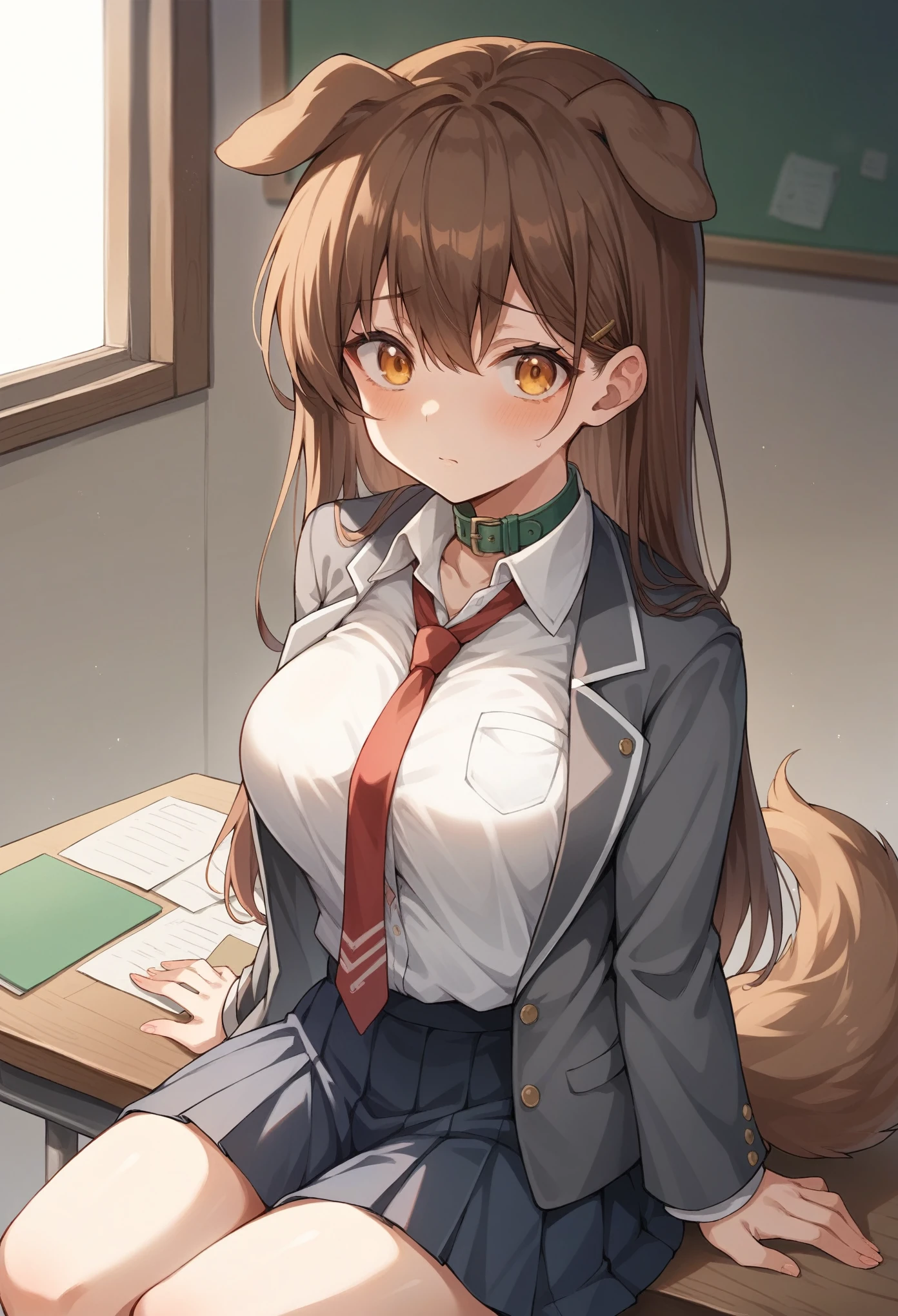 Anime girl sitting on a table. anime high school girl, shy gaze, big breasts, thick thigs, long brown hair, amber eyes, she has dog ears and a big fluffy dog tail, Her student uniform consists of a long-sleeve, button-up white shirt, a gray blazer with blue-green stripes on the collar and hem of the sleeves, and a red tie. dark blue-green pleated skirt, and a small, golden button on their ties. ((U.A. STUDENT UNIFORM))