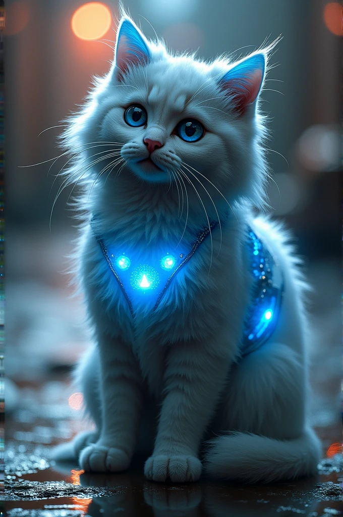 Anthropomorphic cat, fluffy, metal fur, Blue elements on fur, luminous vest, Beautiful lights and shadows, ambient light, Ultra detailed fur, volumetric light, glowing ears