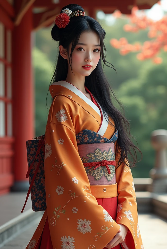 (Highest quality、 8k 、masterpiece、High resolution)、Heian period、A beautiful young woman from the nobility、、(Straight hair、Long, beautiful black hair)，(12 Single layer kimono、Mainly light pink　Many colors　Vibrant colors　The beauty of layered colors)，背景はHeian periodの建物、Official Art、Detailed CG、