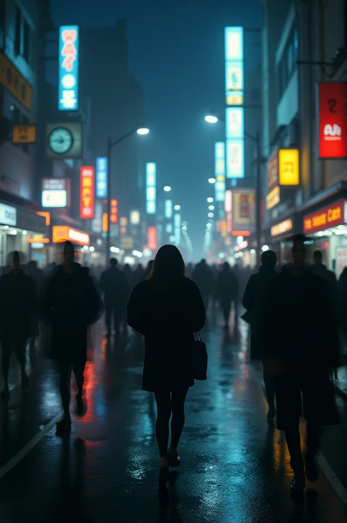 blurred people walking by at night in korea