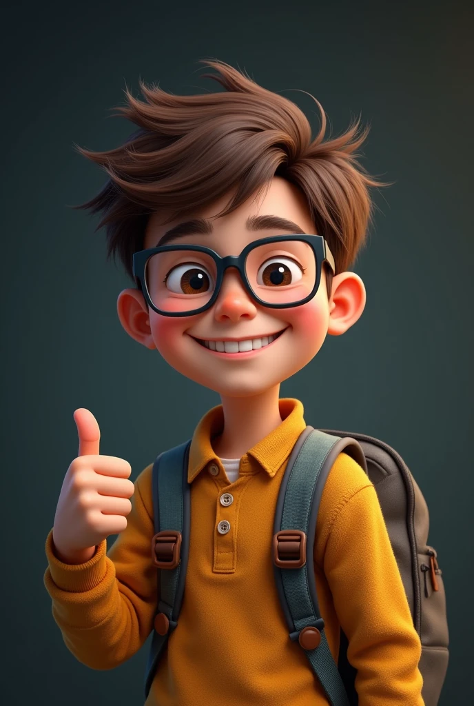 A boy wearing glasses with a backpack realstic with thumbs up smiling
Make it more realstic and Hd
Make the backroung little black and make the boy brown