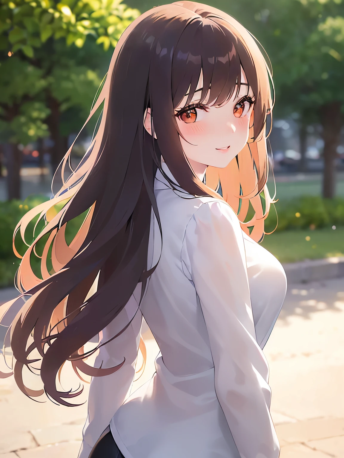 look back, Upper Body, Realistic, real person, (pale skin: 1.2), RAW photo, photorealistic, shiny skin, shiny hair、(A 25-year-old woman with medium-length hair and bangs) and (wavy hair) and (brown hair) and (orange eyes) , (white) and (blouse) 、(blush:1.5), smile, Background is white、Alone、Are standing