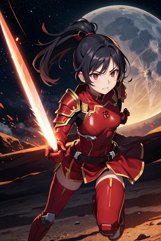Anime Art、Full body portrait、Red soldier of space science fiction、The location is the surface of the moon、A female warrior in red armor, about 160cm tall and about 32 years old, running with a Japanese sword in her hand、A tense expression of glaring at someone with clenched teeth、Short ponytail for curly hair、Black Hair、A red cloth is wrapped around the head、Shoulder Armor、Arm guard、Leggers、Flat chest、Dark Eyes