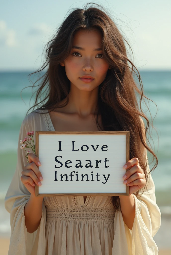 Beautiful girl with wavy long hair, bohemian dress, holding a white board with text "I Love Seaart Infinity" and showing it to the viewer