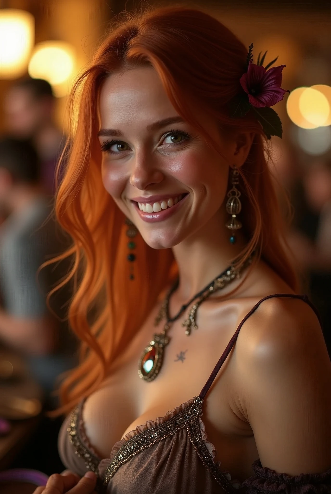 (photo of female citizen:1.3) an ultra hot gorgeous European woman.age 23.solo, large breasts, looking at viewer, smile, hair ornament, cleavage, dress, bare shoulders, jewelry, collarbone, upper body, red hair, flower, teeth, solo focus, hair flower, necklace, blurry, strapless, tattoo, depth of field, blurry background, (realistic:1.3) crowd, (in a medieval tavern:1.1), 8k, cinematic, fantasy