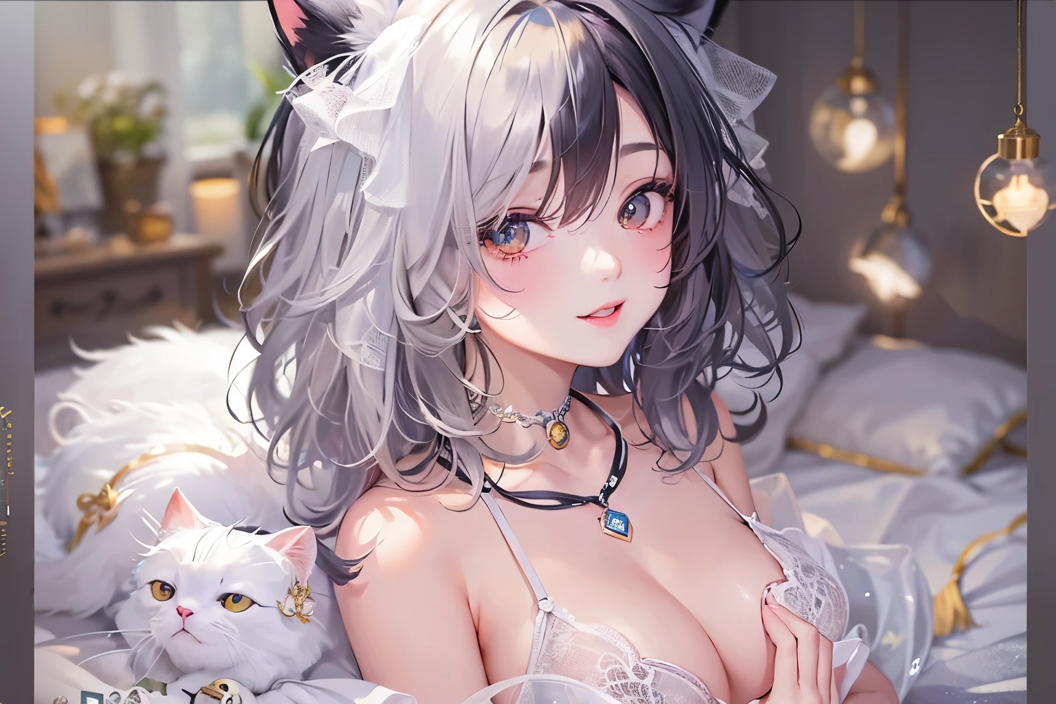 (Highest quality, masterpiece, High resolution)、4K Anime Art、(One Woman、20-year-old)、whole body、 (Detailed depiction of a cute face)、Black Hair、short hair、semi-long、Bobcut、Hair Bun、hair ornaments、(Cat ear)、Black Cat Costume、White Cat Costume、choker、(See-through chiffon lingerie)、sexy mini dress、Captivating smile、Small breasts、(Lie down in bed)、Cinematic Light、Soft Light、(indoor、dim、lamp)、(Simple Background)、((Blank Background))、