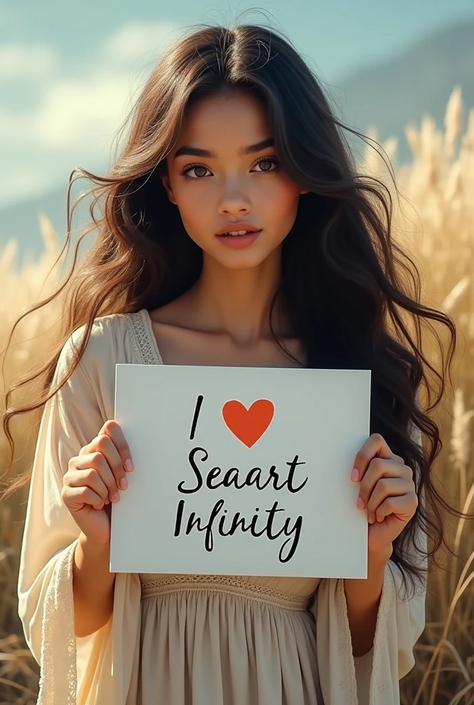 Beautiful girl with wavy long hair, bohemian dress, holding a white board with text "I Love Seaart Infinity" and showing it to the viewer