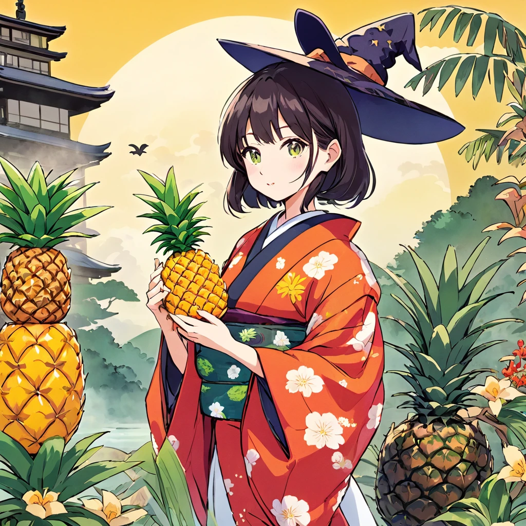 Japanese woman wearing kimono, witch, cartoon, holding pineapple, Japanese environment background