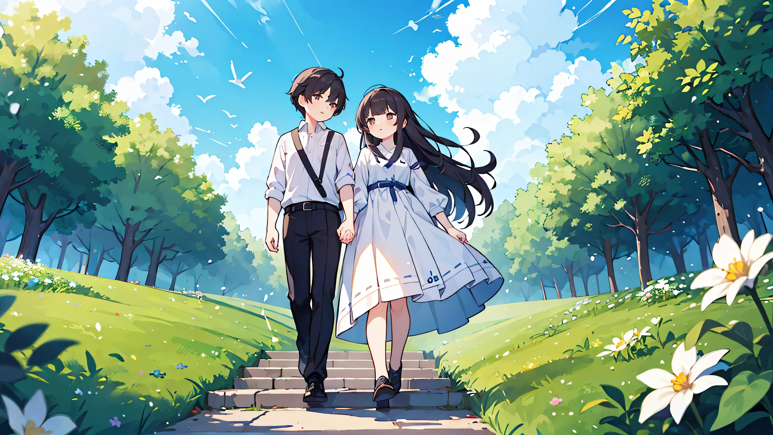 (걸작, 최고의 품질),Create an image of a couple holding hands, walking up a set of stairs towards a beautiful blue sky with fluffy clouds. The scene conveys a sense of romance and connection, integrated into the sky as if part of the cloudscape. The ground is covered with lush green grass and dotted with white flowers, enhancing the dreamy and serene atmosphere. 등장인물은 상세하게 그린다 눈 코 입 얼굴 자세히 보이게,상체
