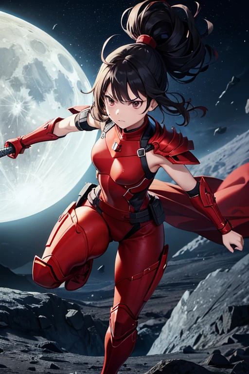 Anime Art、Full body portrait、Red soldier of space science fiction、The location is the surface of the moon、A female warrior in red armor, about 160cm tall and about 32 years old, running with a Japanese sword in her hand、A tense expression of glaring at someone with clenched teeth、Short ponytail for curly hair、Black Hair、A red cloth is wrapped around the head、Shoulder Armor、Arm guard、Leggers、Flat chest、Dark Eyes
