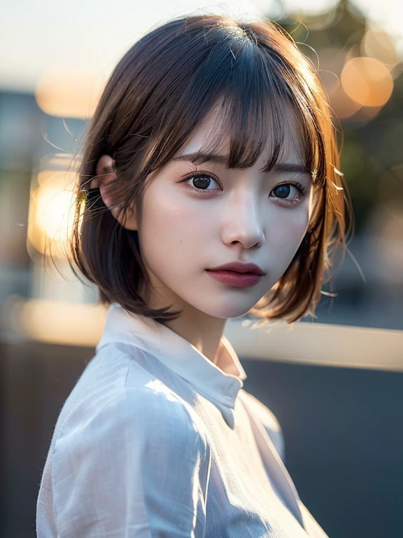 (Highest quality, 8k,32k, Masseter muscle area, Hmph:1.2), (close-up:1.3), solo girl, (Slim figure:1.2), (Lips), double eyelid, Glowing Skin, Realistic Layer, Beautiful face, Highly detailed face, (Disgruntled), (short hair:1.4), Blurred Background, (Front Focus), (dark:1.6),(realistic, photo-realistic:1.4), (extremely detailed 8k wallpaper), Fantasy art, Professional lighting, (Illuminate half of the model's face, creating dramatic chiaroscro effects:1.4), (blue Hour Light, backlighting:1.4), (White formal shirt:1.4), outdoor, (at sunset:1.2)