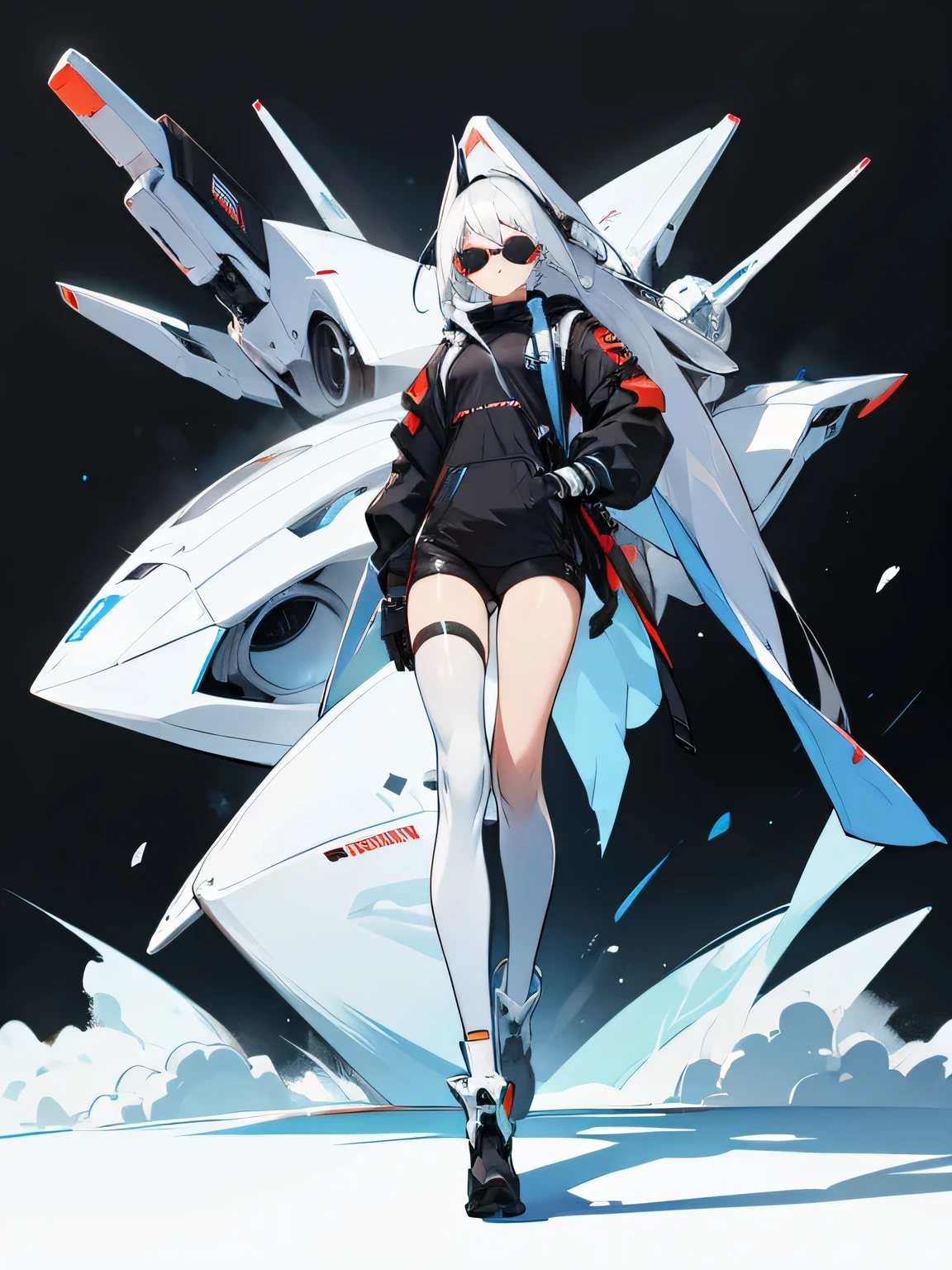 women, robot, white hair, Sunglasses, model, full body, black background