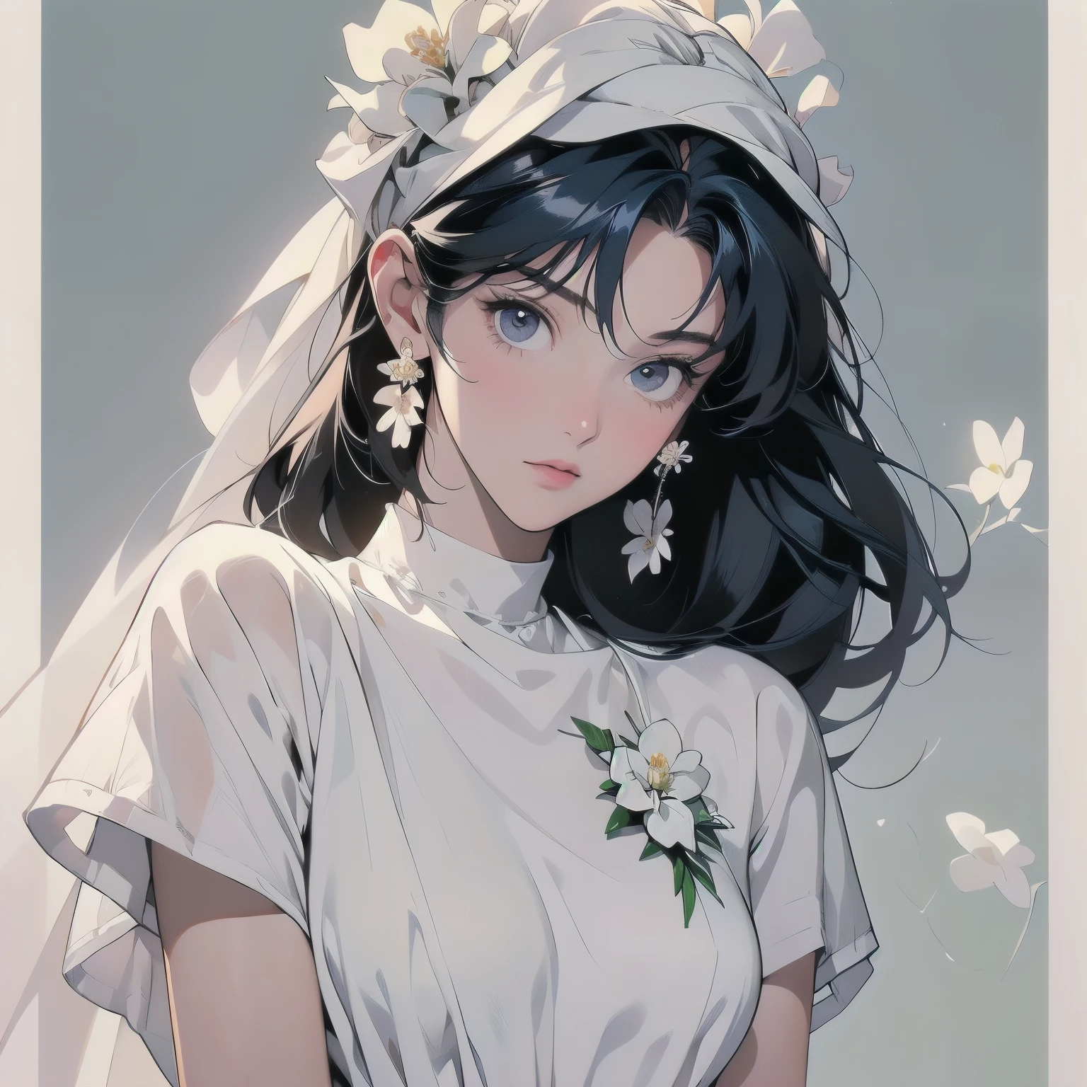 (((trigun)))、Persona、Beautiful woman, Upper Body、Model Pose、mysterious、Small breasts、Short sleeve,Movie Posters、Angel、(((Wear a white cloth on your head)))、detailed hair, (((White flower)))、Fluffy cloth、Big white ribbon