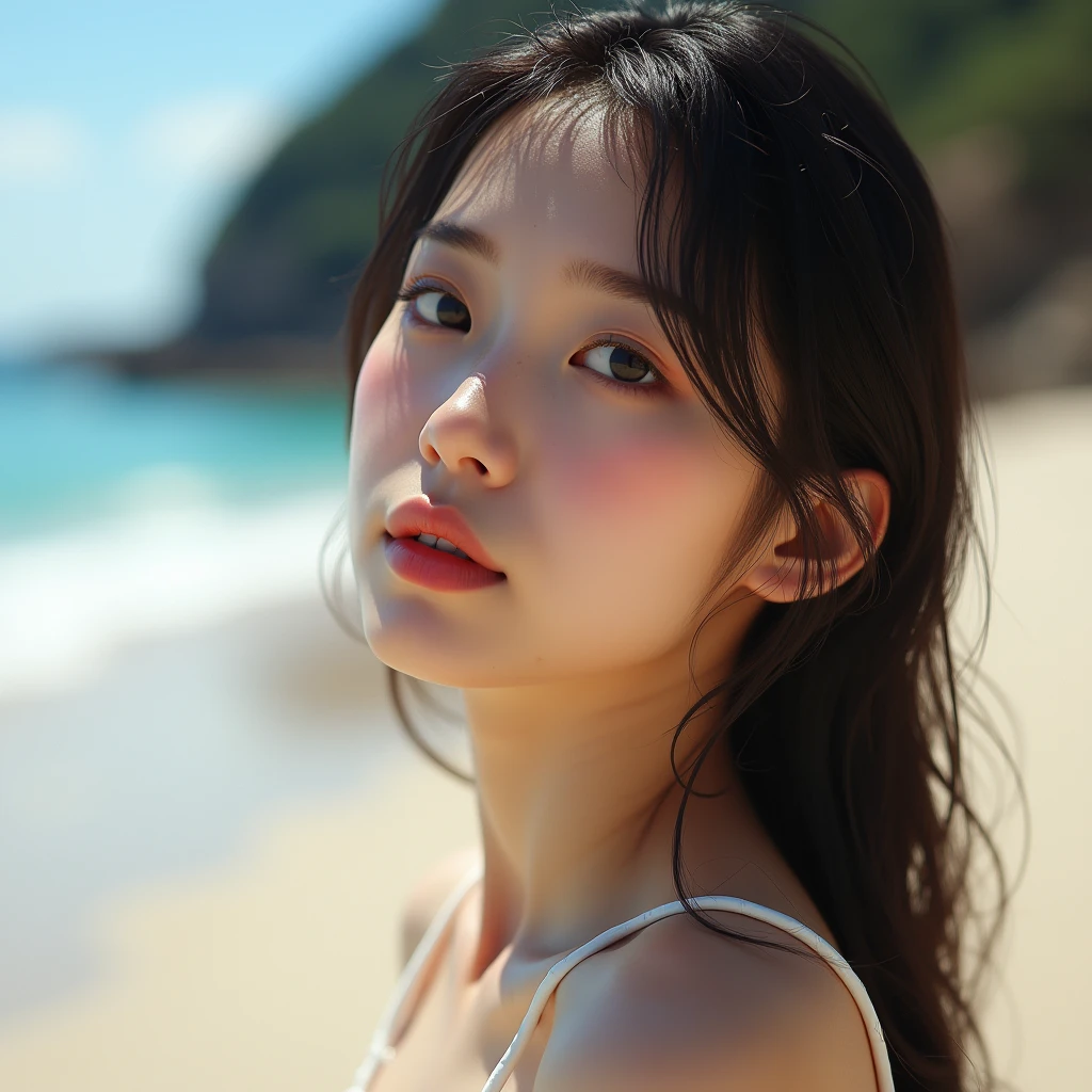 realistic photo, 25 year old Japanese woman, sunbathing at the beach, detailed face and body, natural lighting, photorealistic, (best quality,8k,high resolution,head of'artwork:1.2),ultra-detailed,(realistic,photorealistic,photo-realistic:1.37),realistic skin texture,Detailed eyes and lips,beautiful detailed face,long cils,,natural body shape