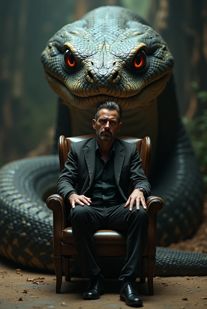 A looking man sitting on a chair. With the giant snake with fierce eyes