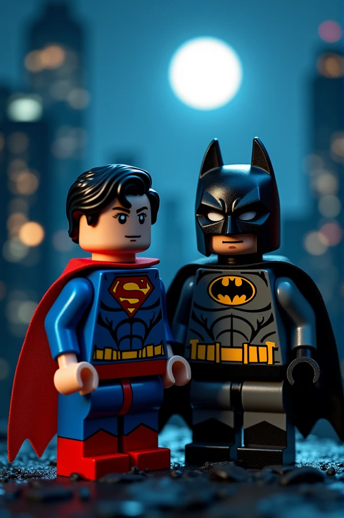 Superman and Batman in lego art, night