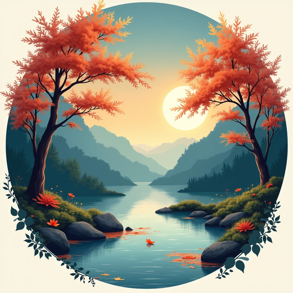 Generate round Mid-Autumn greeting cards, minimalist natural background, Monet minimalist style scenery, bright and transparent colors, real natural colors, realistic scenes, reality restoration, real restoration, realistic scenes, night