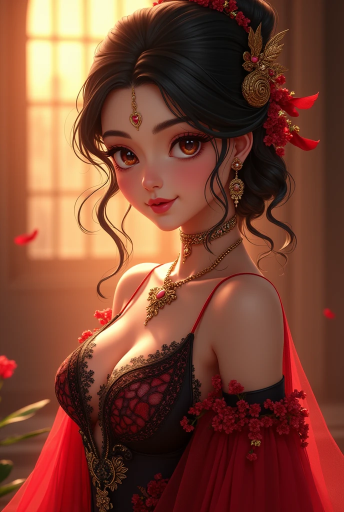 Schedule ))Anime style concept art, hair ornament, necklace, navel, Sultan's Concubine Dress, air, fine details, Foam construction made of chiffon and lace,Red, black, gold, Mature woman looking at viewer, Flirtatious flirtation, Evening Colors, Splash of Sun , Details in Arabic fairy tale style,((bedroom)),Aesthetically pleasing, Beautiful, Realistic, Professional photos, High Resolution, high detail, Hyper -Realistic portrait, UHD32K, majestic figures, medieval style