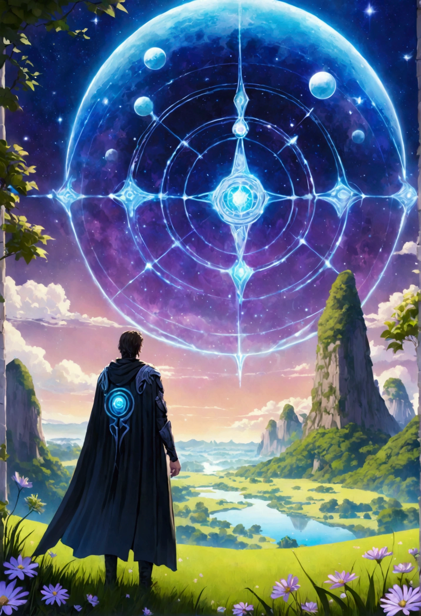 **Image Concept:**
Imagine a mystical landscape with a blend of natural and fantastical elements. In the foreground, you could have a handsome man in modern battle gear black cloak and looking around in awe. He’s standing in a meadow with alien flora and two moons visible in the sky. In the background, there’s a shimmering, holographic interface floating in mid-air, displaying the “Ascendant Code” system. The horizon features floating islands and distant, ancient-looking forests. The color palette could include vibrant purples and blues, enhancing the otherworldly feel