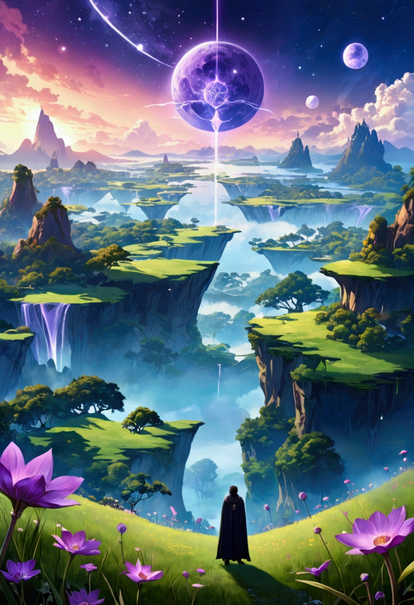**Image Concept:**
Imagine a mystical landscape with a blend of natural and fantastical elements. In the foreground, you could have a handsome man in modern battle gear black cloak and looking around in awe. He’s standing in a meadow with alien flora and two moons visible in the sky. In the background, there’s a shimmering, holographic interface floating in mid-air, displaying the “Ascendant Code” system. The horizon features floating islands and distant, ancient-looking forests. The color palette could include vibrant purples and blues, enhancing the otherworldly feel