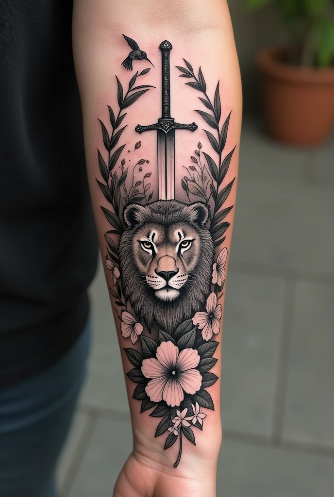 Hi, I want you to generate an image of a tattoo I want to get. I want the tattoo on my forearm, so it has to be a little small or fit in the space on my forearm. I want it to contain an owl or a lion, olive branches, a sword, a hummingbird, a hibiscus flower and lilies (it's important that it has all the elements) and I would like the style of the tattoo to be in black and grey and too much realistic 