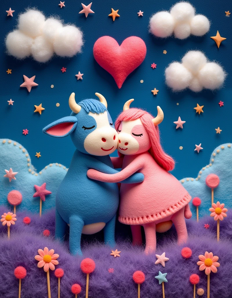 Wool felt style，Surreal space，abstract，The Cowherd and the Weaver Girl snuggle together，Fluffy love heart，Fluffy clouds，Star，Grass，Flowers，In a dream、A vibrant and fun way to set the stage，Blue, purple and pink tones，Bright，Art