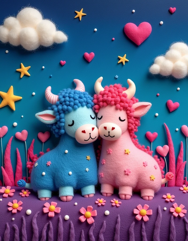 Wool felt style,Surreal space,abstract,The Cowherd and the Weaver Girl snuggle together,Fluffy love heart,Fluffy clouds,Star,Grass,Flowers,In a dream、A vibrant and fun way to set the stage,Blue, purple and pink tones,Bright,Art