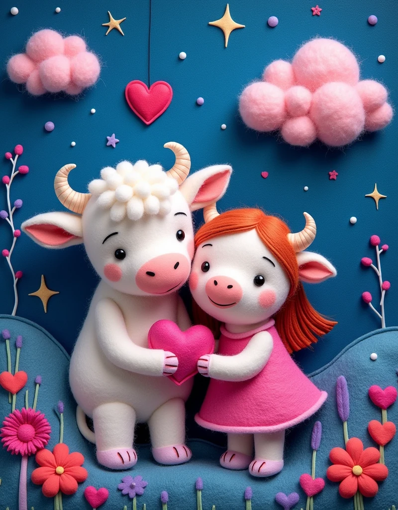 Wool felt style，Surreal space，abstract，The Cowherd and the Weaver Girl snuggle together，Fluffy love heart，Fluffy clouds，Star，Grass，Flowers，In a dream、A vibrant and fun way to set the stage，Blue, purple and pink tones，Bright，Art