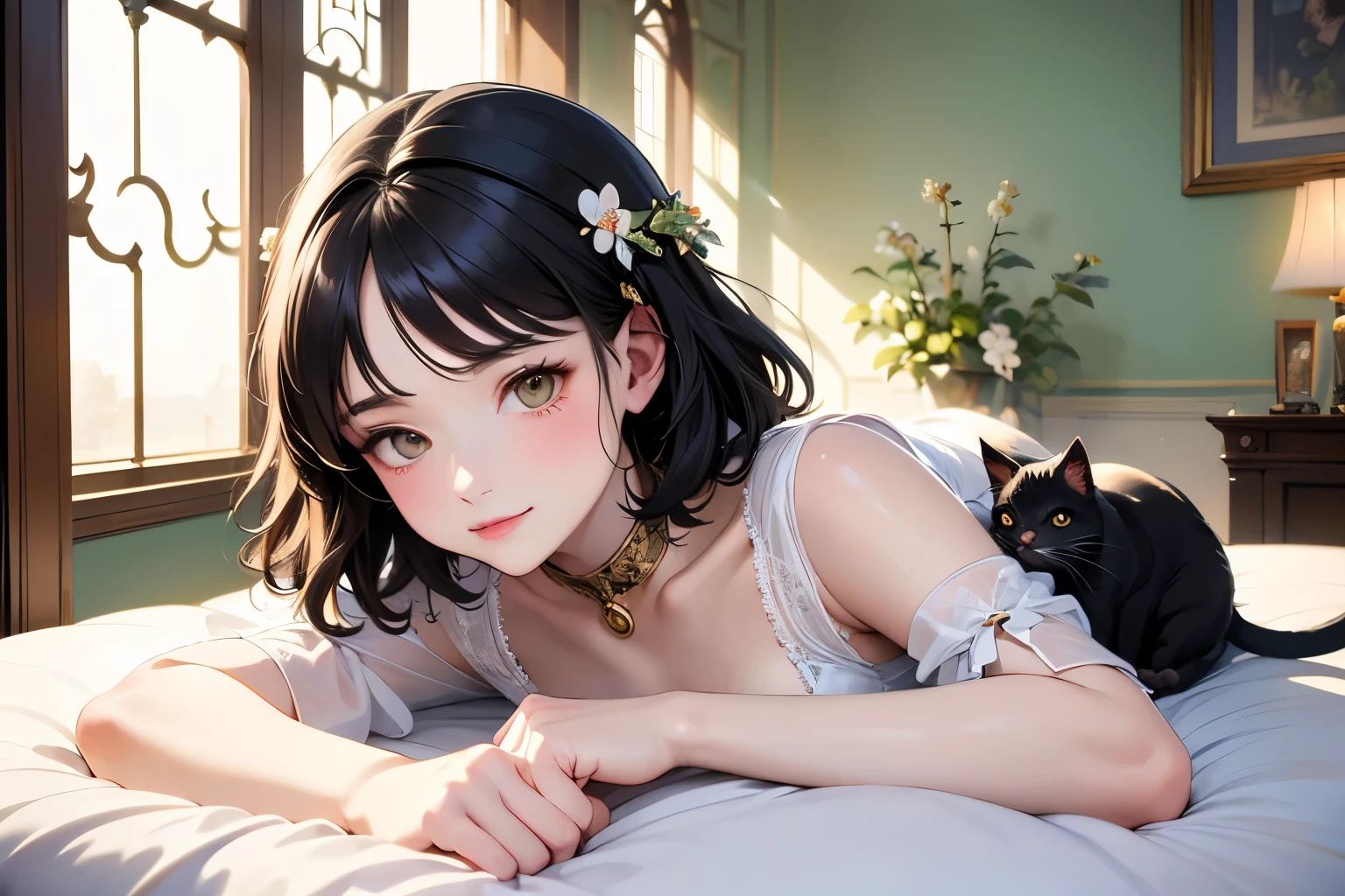 (Highest quality, masterpiece, High resolution)、4K Anime Art、(One Woman、20-year-old)、whole body、 (Detailed depiction of a cute face)、Black Hair、short hair、semi-long、Bobcut、Hair Bun、hair ornaments、(Cat ear)、Black Cat Costume、White Cat Costume、choker、(See-through chiffon lingerie)、sexy mini dress、Captivating smile、Small breasts、(Lie down in bed)、(Soft Focus)、Cinematic Light、Soft Light、(indoor、dim、lamp)、(Simple Background)、((Blank Background))、(Alphonse Mucha Style)、(Edmund Leighton Style)、(alma tadema style)、(David Hamilton Style)、(Leonardo da Vinci Style)、
