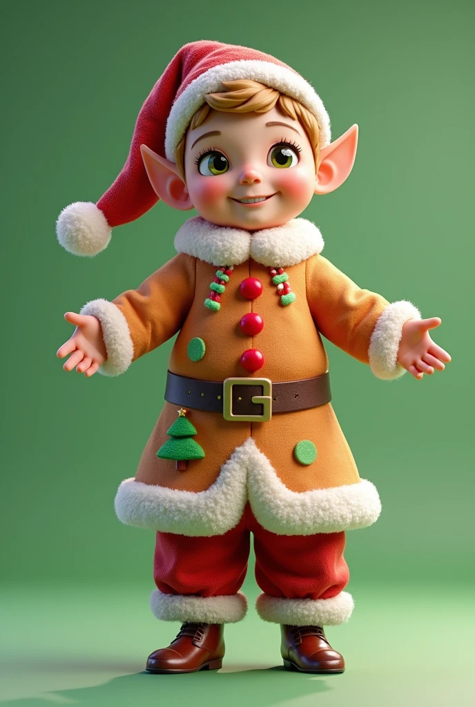Christmas Green Elf Costume Design Concept: Combining traditional Christmas elements with the mysterious image of the Green Elf,Create a unique and festive Christmas green elf costume。
Christmas gingerbread man costume design ideas: Combining traditional Christmas elements with the cute image of gingerbread men,Create a unique and festive Christmas gingerbread man costume。
Design 3D graphics:
Selection of color: The main color is gingerbread color,orange color、White、Red and other common colors of gingerbread men are used as secondary colors,Highlight the gingerbread man。
Gingerbread Man: 设计独特的Gingerbread Man服装,May include coat with frosting pattern、Pleated skirt or pants,搭配Gingerbread Man的帽子等。
Christmas elements: Adding Christmas tree patterns to clothing、snowflake、礼物盒等常见的Christmas elements,Add to the festive atmosphere。
Cute design: Consider adding big eyes to your clothing、笑脸等Cute design元素,Highlight the cute image of the gingerbread man。
