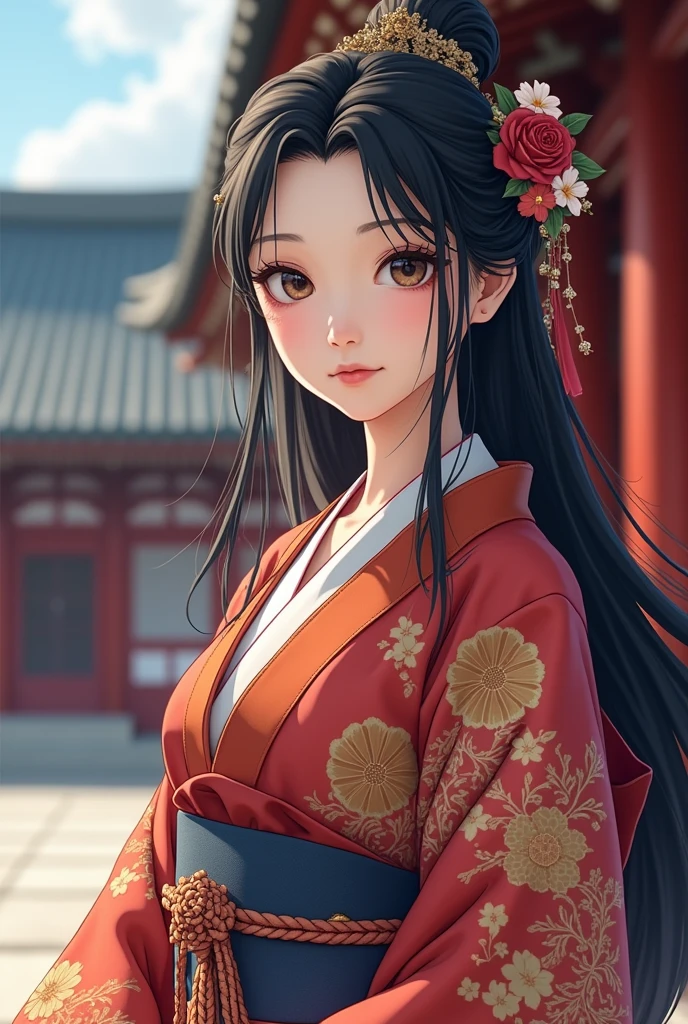 (Highest quality、 8k 、masterpiece、High resolution)、Heian period、A beautiful young woman from the nobility、Anime Beauty、(Straight hair、Long, beautiful black hair)，(12 Single layer kimono、Mainly light pink　Many colors　Vibrant colors　The beauty of layered colors)，背景はHeian periodの建物、Official Art、Detailed CG、