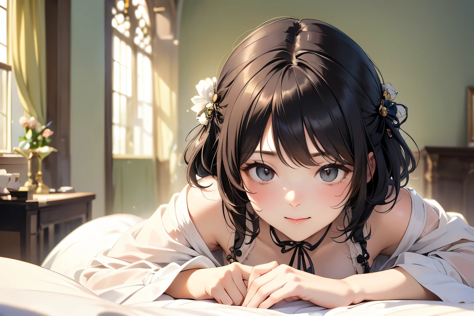 (Highest quality, masterpiece, High resolution)、4K Anime Art、(One Woman、20-year-old)、whole body、 (Detailed depiction of a cute face)、Black Hair、short hair、semi-long、Bobcut、Hair Bun、hair ornaments、(Cat ear)、Black Cat Costume、White Cat Costume、choker、(See-through chiffon lingerie)、sexy mini dress、Captivating smile、Small breasts、(Lie down in bed)、(Soft Focus)、Cinematic Light、Soft Light、(indoor、dim、lamp)、(Simple Background)、((Blank Background))、(Alphonse Mucha Style)、(Edmund Leighton Style)、(alma tadema style)、(David Hamilton Style)、(Leonardo da Vinci Style)、