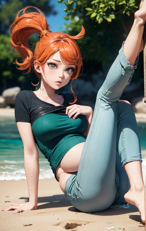 masterpiece, extremery magnificent view, perspective, extremery best quality, extremery detailed CG, 8k wallpaper, high resolution, highly detailed face, highly detailed eyes, perfect anatomy, super detailed skin,
(dynamic angle, dynamic pose:1.2), outdoors, sandy beach, soothing waves, (portrait, legs focus, full body), (beautiful face, beautiful eyes, beautiful legs:1.3), in the water, wet,
1 pregnant girl, solo, sonia, (aqua shirt, ribbed shirt), (pants:1.3), large breasts, orange hair, side ponytail, heart hair ornament, (barefoot), aqua eyes, skinny, slender, wide hips, thin waist, third trimester of pregnancy