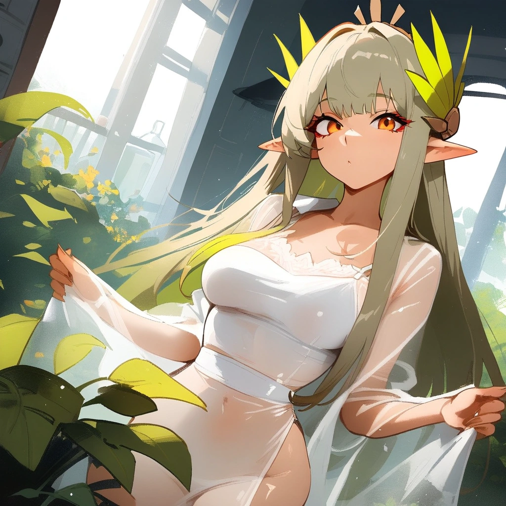 1girl, muelsyse \(arknights\), arknights
\\\\\ masterpiece, best quality, newest ///// nyantcha, khyle, cutesexyrobutts \\\\\ thin waist, solo, dutch angle, open towel,, transperent, see-through. outside border, greenery, green hair, stars, long hair, orange eyes, kitchen, pointy ears, looking at viewer,