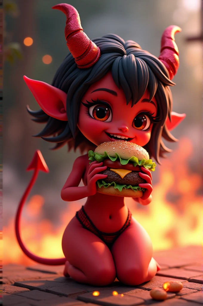 Cute and sexy animated devil eating a hamburger