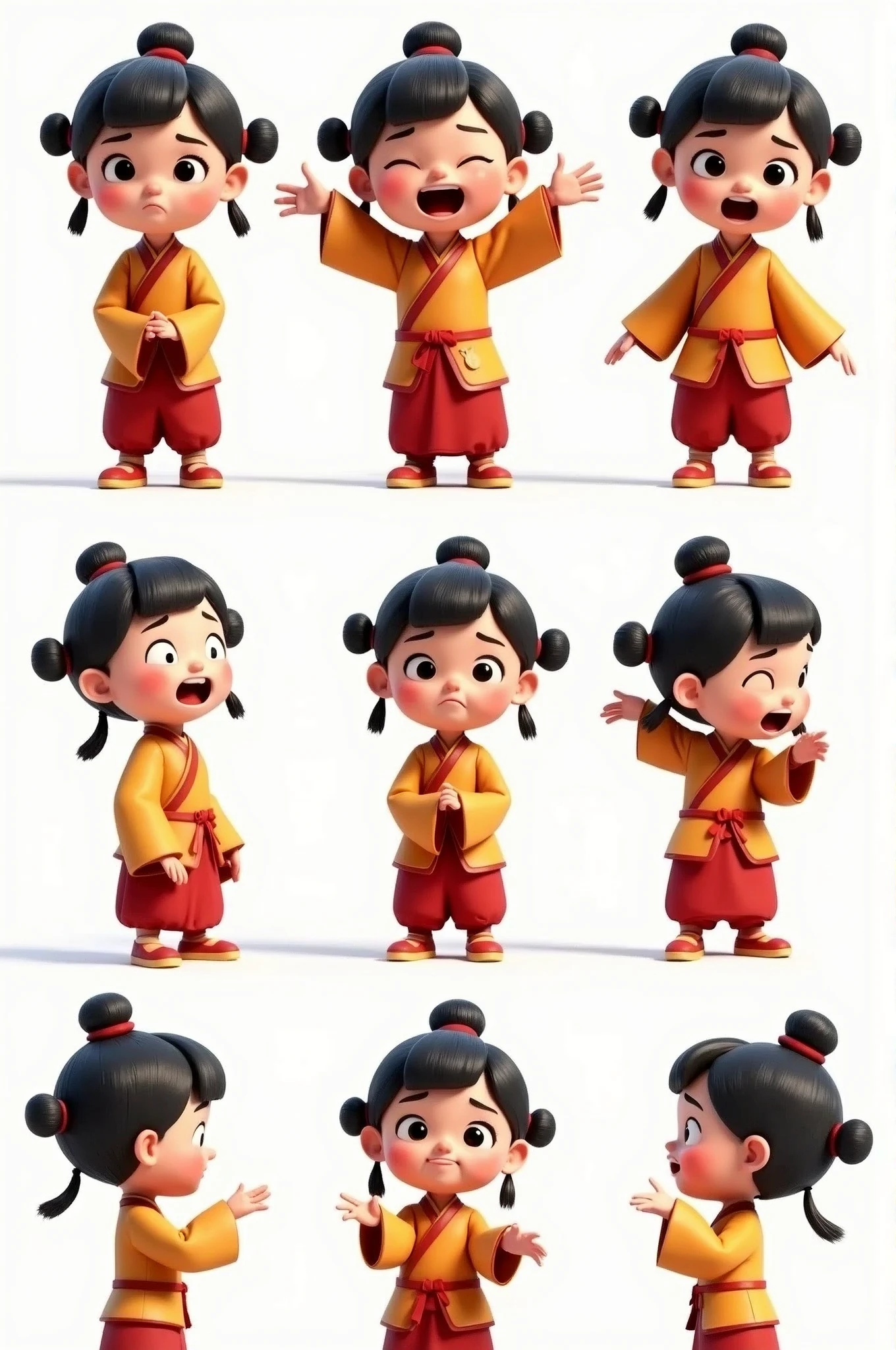 A -year Tangrl, rendered in Pixar style, fully dressed in Hanfu, with a variety of facial expressions and postures, including happy, angry, sad, joyful, mischievous, crying, and shy, set against a white background, with UI design elements, 3D stereoscopic, 8K resolution, f/9 aperture, group photos, delicate expression capture, soft lighting, vibrant colors, and rich emotions., in clothes