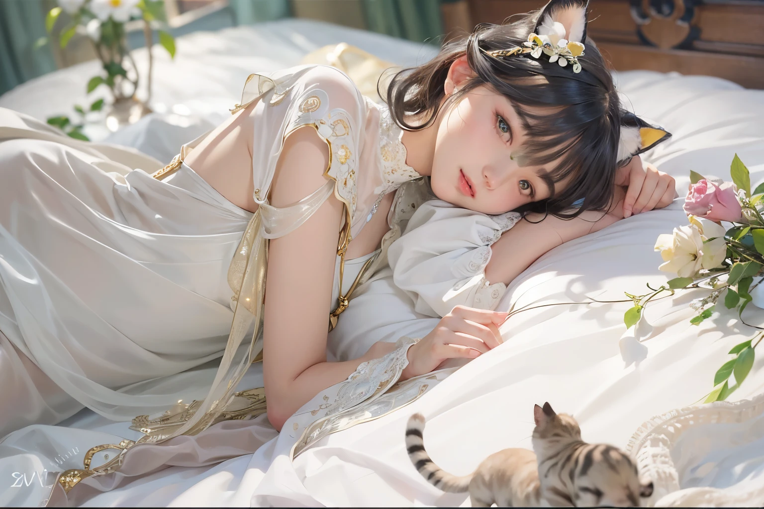 (Highest quality, masterpiece, High resolution)、4K Anime Art、(One Woman、20-year-old)、whole body、 (Detailed depiction of a cute face)、Black Hair、short hair、semi-long、Bobcut、Hair Bun、hair ornaments、(Cat ear)、Black Cat Costume、White Cat Costume、choker、(See-through chiffon lingerie)、sexy mini dress、Captivating smile、Small breasts、(Lie down in bed)、(Soft Focus)、Cinematic Light、Soft Light、(indoor、dim、lamp)、(Simple Background)、((Blank Background))、(Alphonse Mucha Style)、(Edmund Leighton Style)、(alma tadema style)、(David Hamilton Style)、(Leonardo da Vinci Style)、
