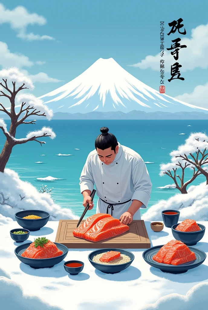 The sea, on the side of a small snow mountain, salmon in the middle, a man is making sashimi, many bowls, with Japanese language.